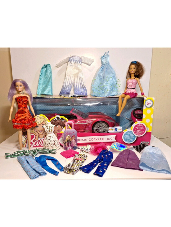 Mattel Other - Mattel Barbie Metallic Pink RC Corvette -Works-lot with 2 Barbies, 20pc Clothing